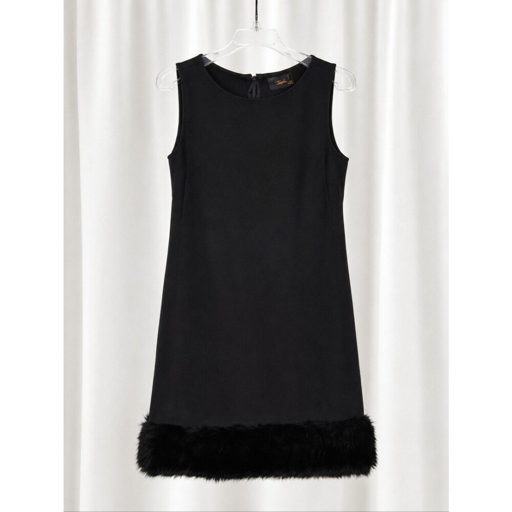 Just Taylor Faux Fur Hem Shift Dress Black Sleeveless Stretch Special Ocassion